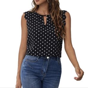 Polkadot Scalloped Sleeve Black White V Neck Top Large